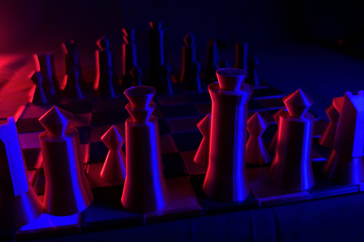 Chess set with red and blue coloring