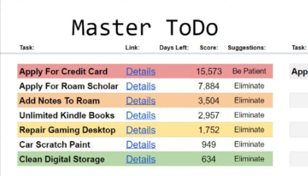 ToFilter spreadsheet showing prioritized task lists