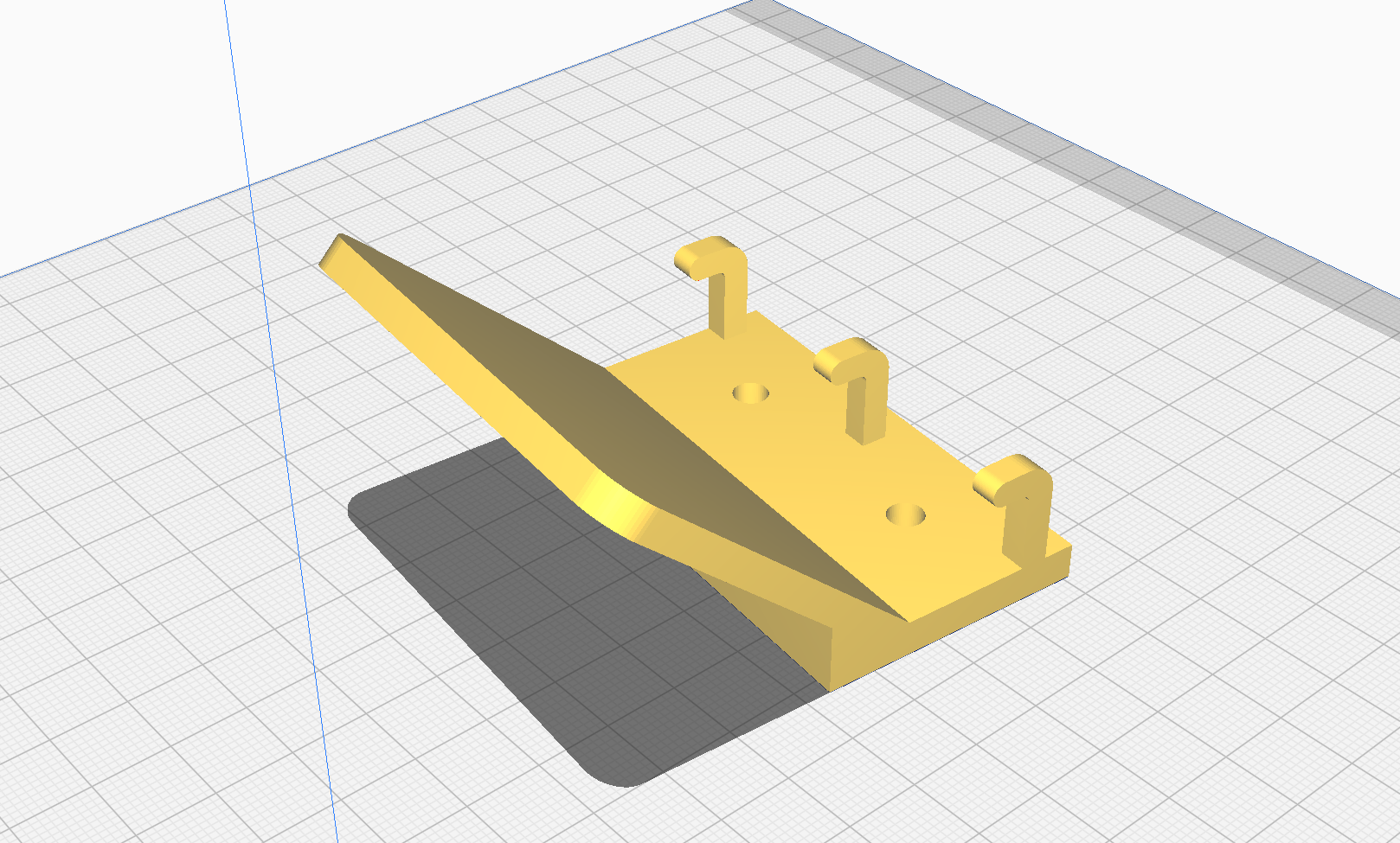 Gold-colored 3D model showing sloped platform with hooks and mounting holes