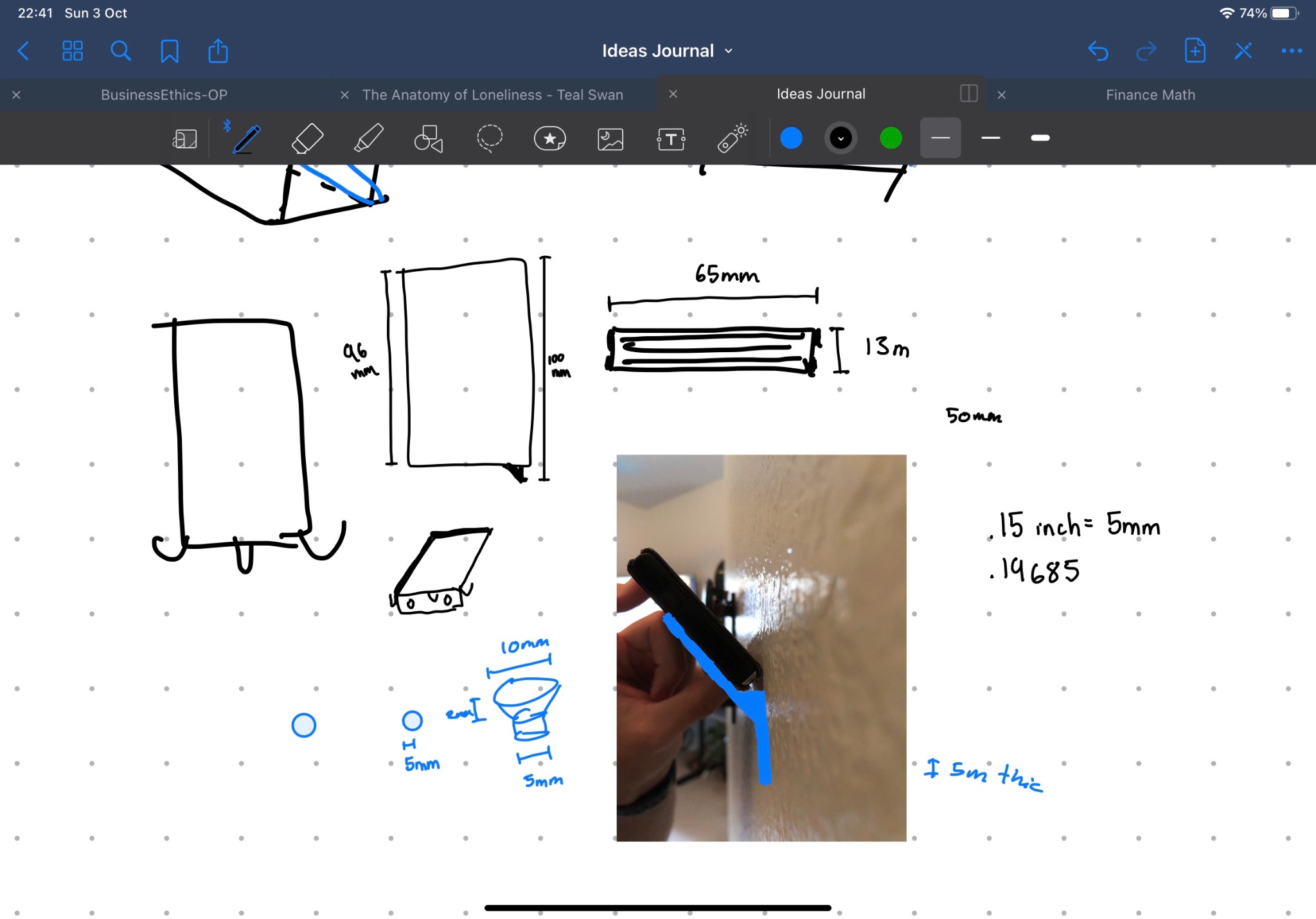 iPad sketch showing front and side views with dimension notes and hook geometry details