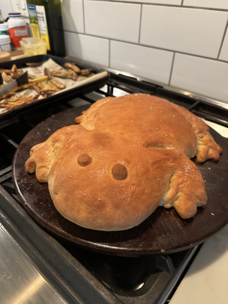 Freshly made bread in the shape of a frog