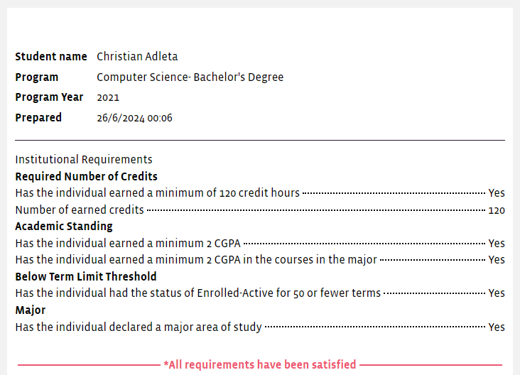 Meeting all of the requirements for graduation